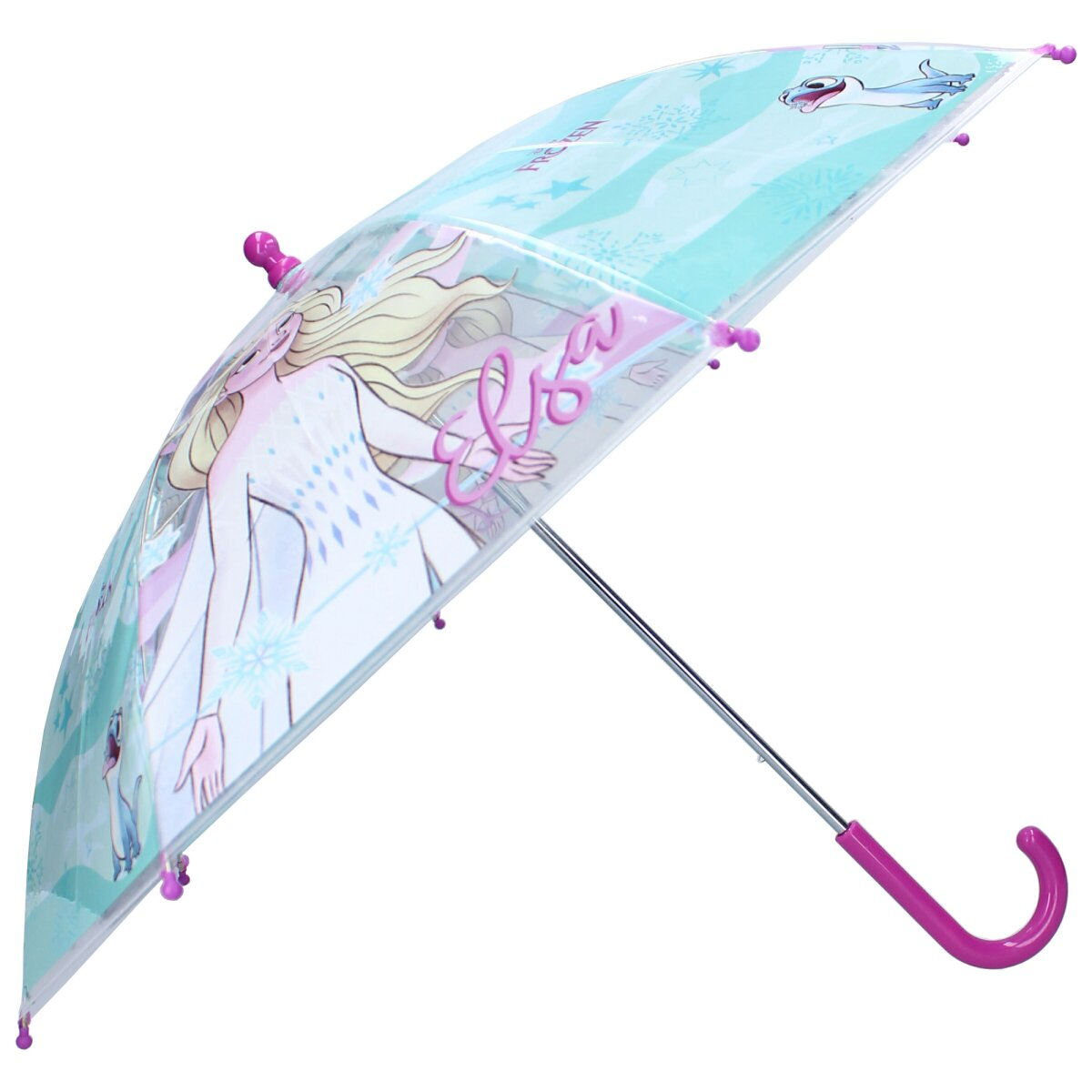 Een paraplu met een Frozen-ontwerp. Er staat Elsa op en een roze handvat.
