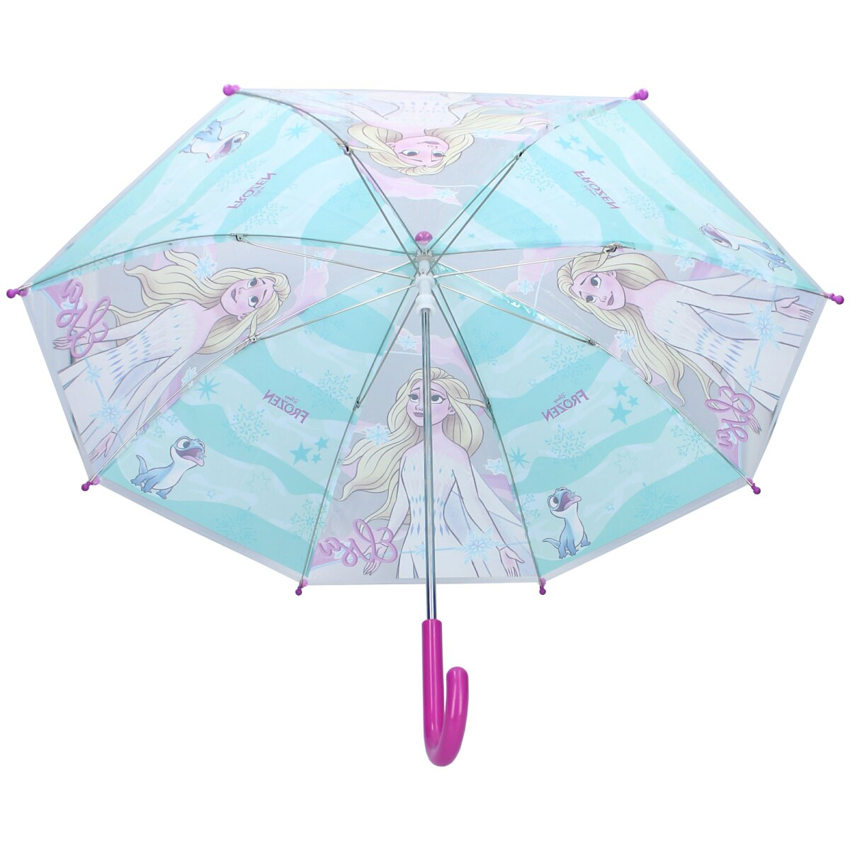 Een open Frozen-paraplu met illustraties van Elsa en Olaf op een witte achtergrond.