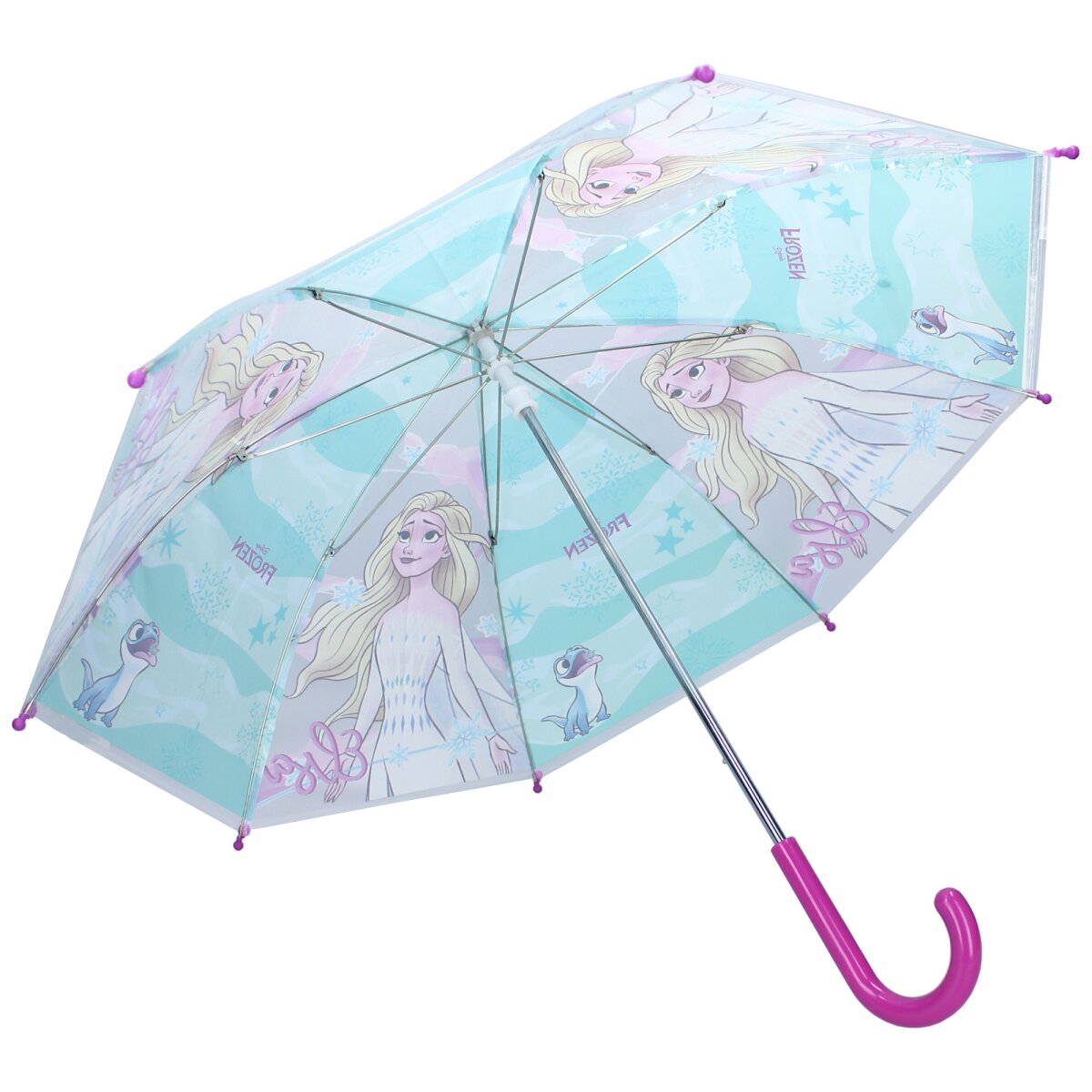 Frozen paraplu, Elsa en Anna afbeeldingen. Roze handvat en decoratieve randen.