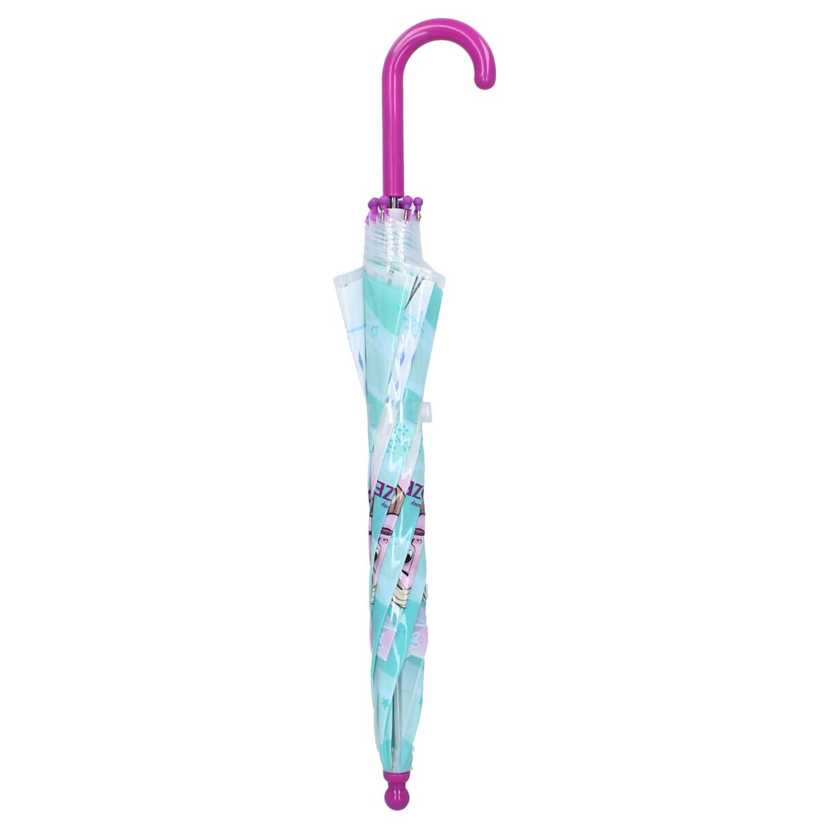 Een Frozen-paraplu. Gesloten, met een paarse handgreep en Frozen-personages.