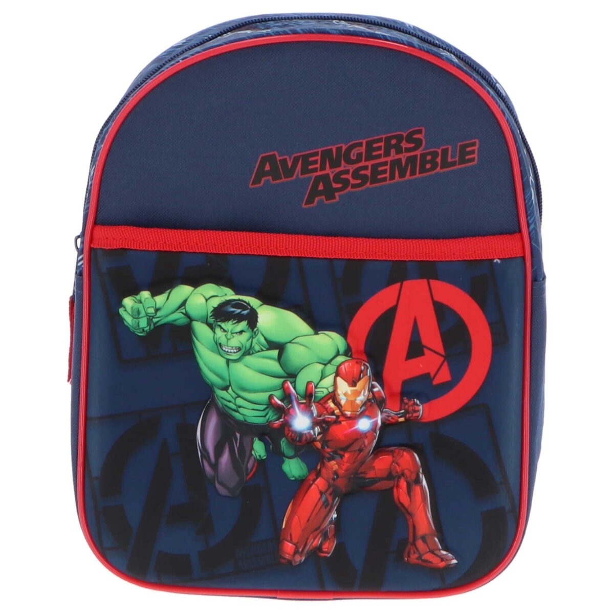 Ein blauer Avengers-Rucksack mit Hulk und Iron Man darauf.