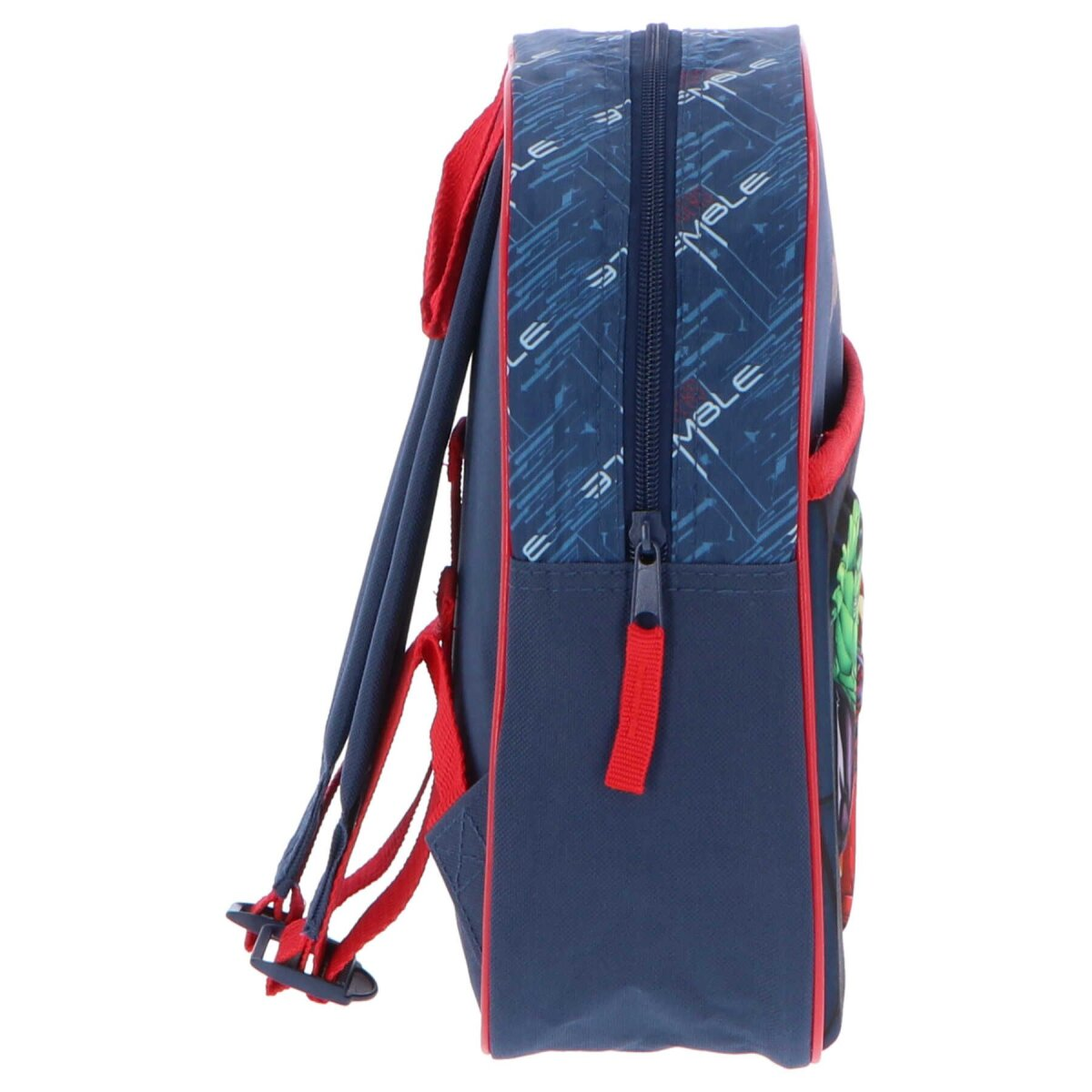Ein blauer und roter Rucksack mit Reißverschluss. Er hat eine Seitentasche und rote Träger.