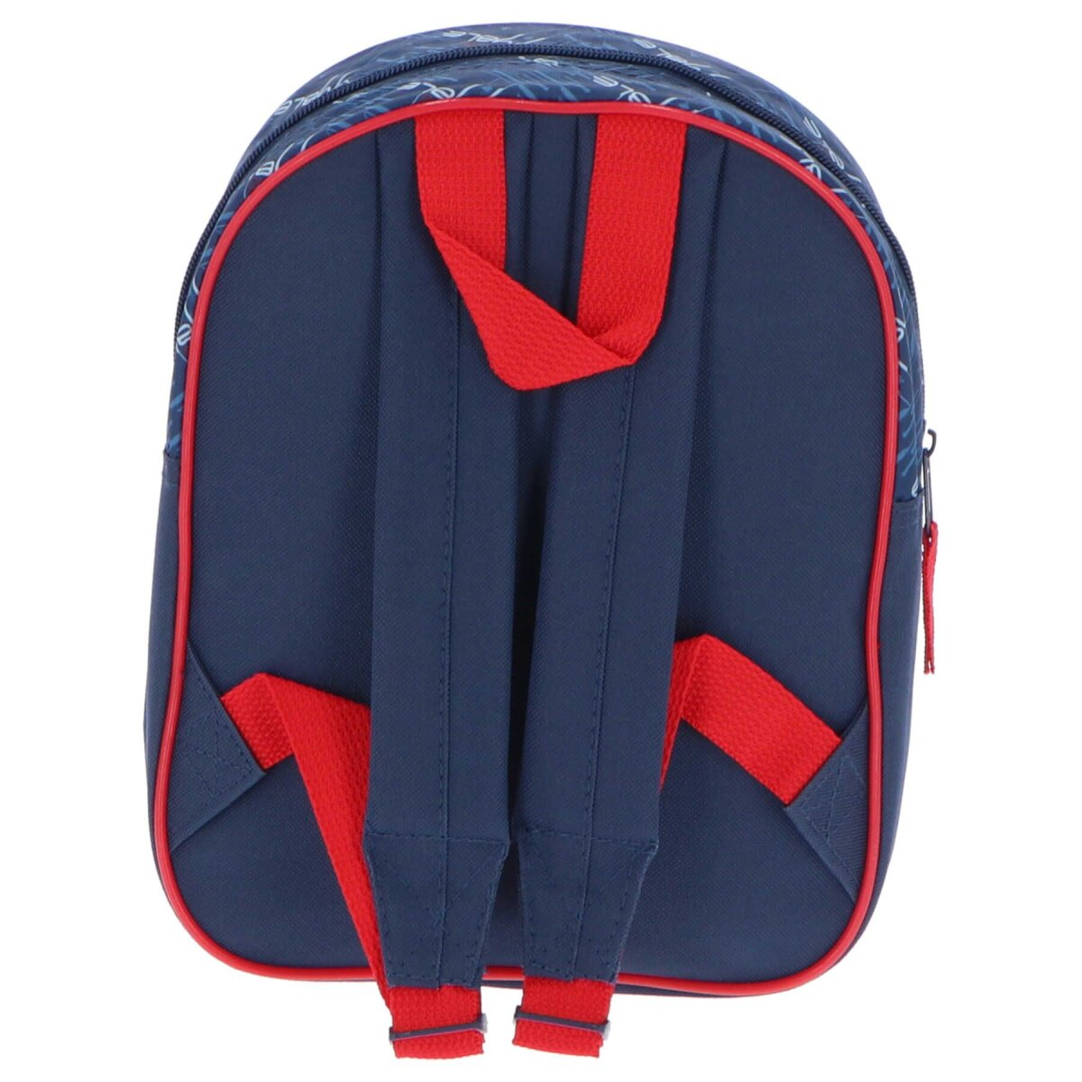 Marineblauer Rucksack mit roten Trägern. Das Design hat rote Konturen.