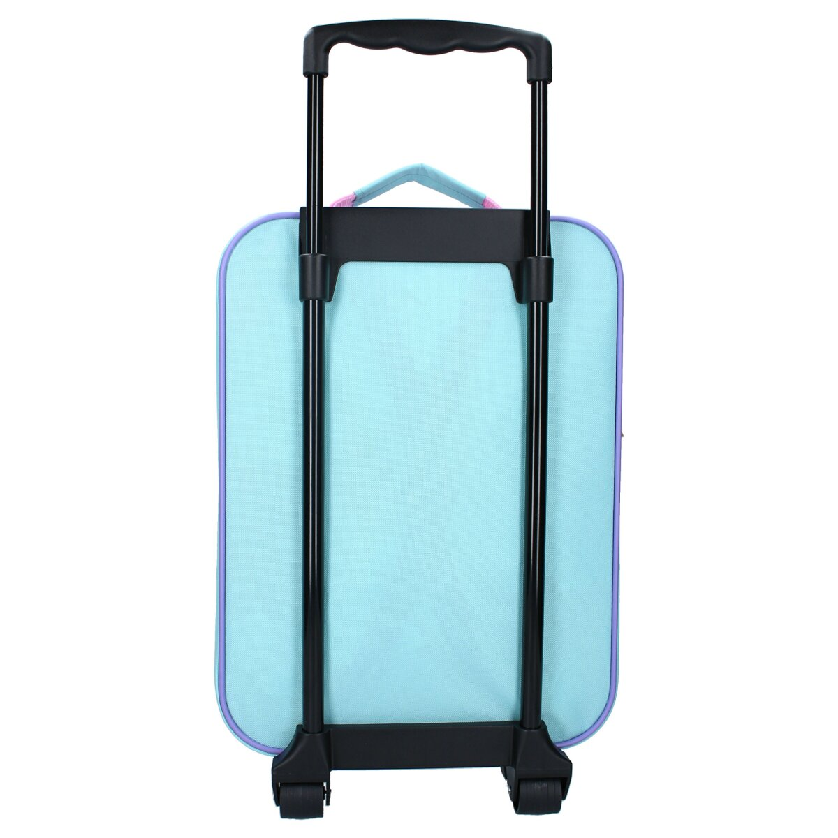 Ein blau-violetter Rollkoffer mit schwarzem Griff und Rädern, vor weißem Hintergrund.
