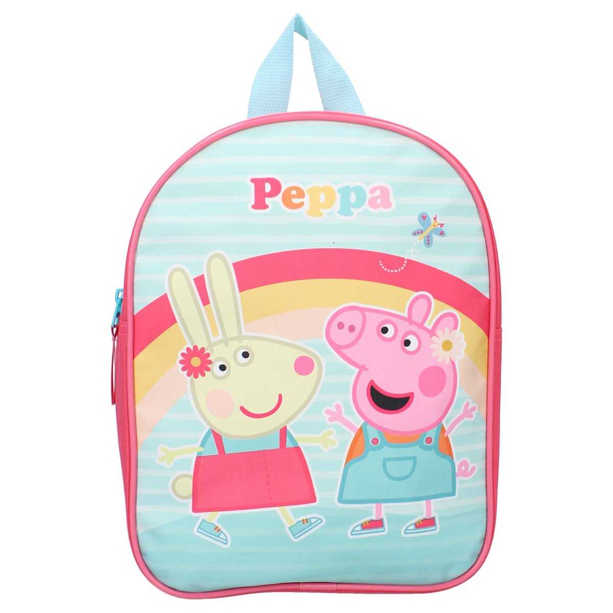 Peppa Wutz Rucksack mit Peppa und Rebecca Rabbit. Der Rucksack ist blau und rosa mit Regenbogen.