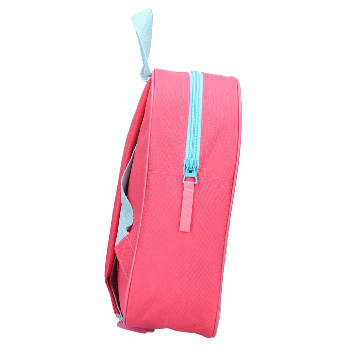 Rosa Rucksack mit blauem Reißverschluss und Griff, Seitenansicht. Weißer Hintergrund.