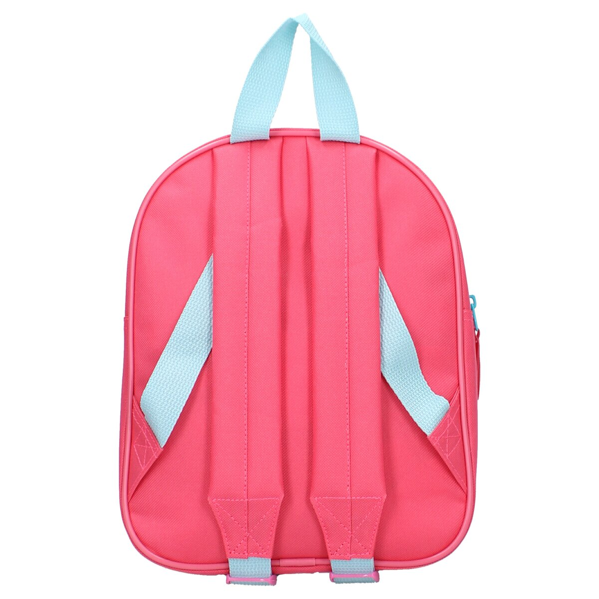 Ein rosa Rucksack mit blauen Trägern und Akzenten. Der Rucksack ist auf weißem Hintergrund.