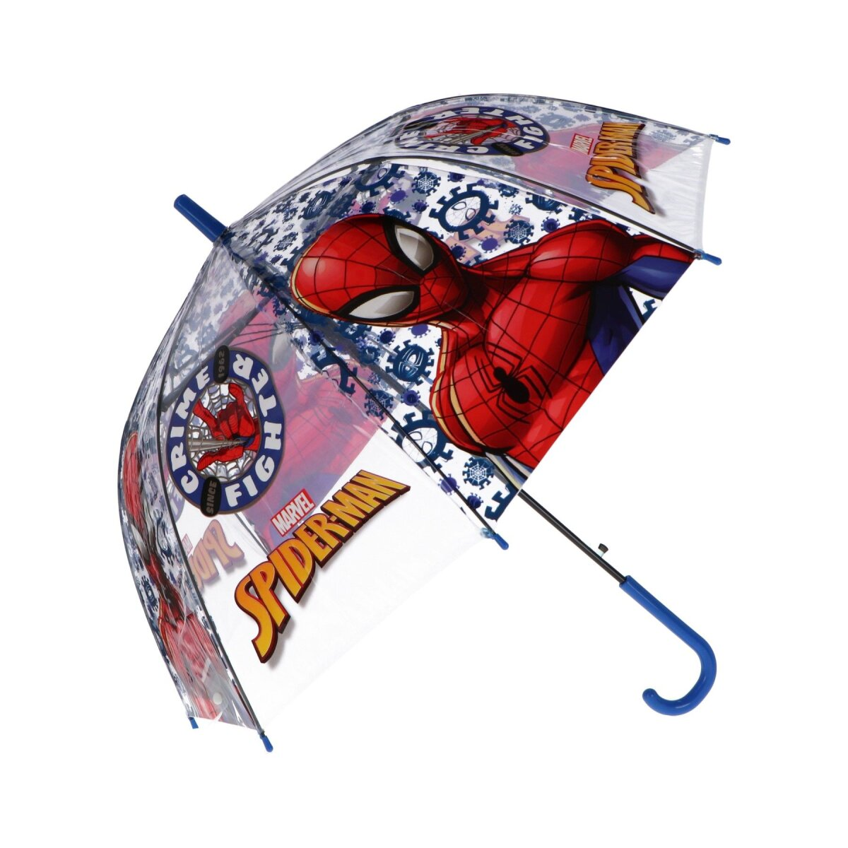 Spiderman-Regenschirm, transparent mit Spiderman-Bildern und Text auf weißem Hintergrund.