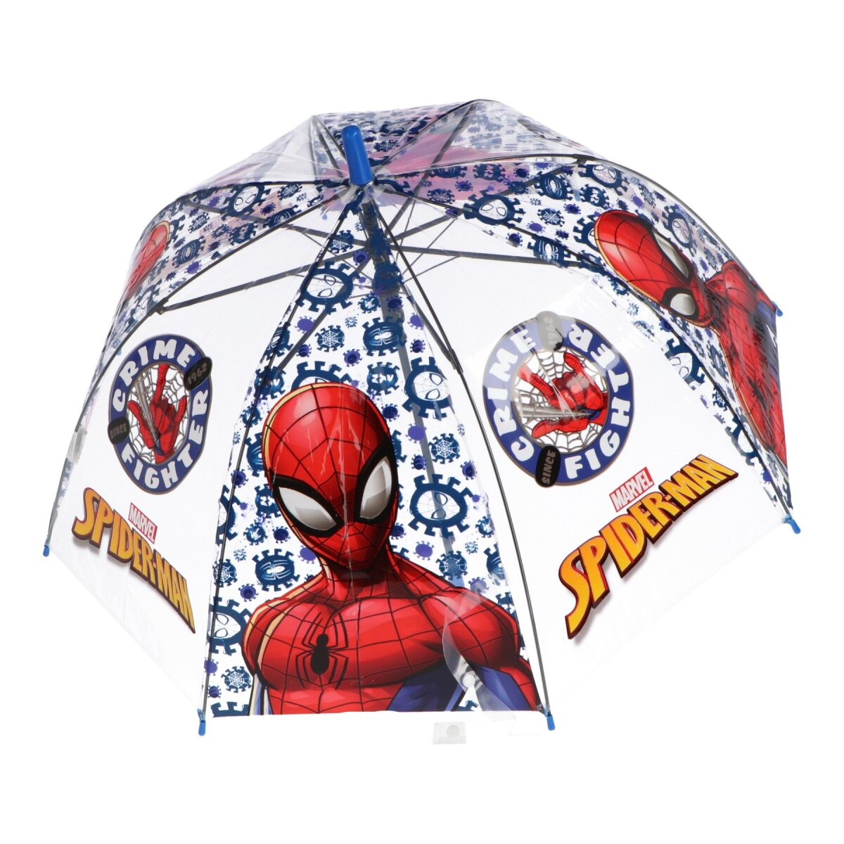 Ein bunter Spider-Man-Regenschirm. Er zeigt Spider-Man und andere grafische Elemente mit weißem Hintergrund.