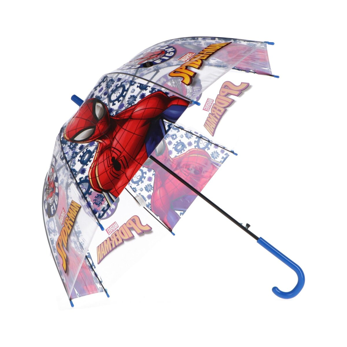Ein Spider-Man-Regenschirm, geöffnet, vor weißem Hintergrund. Rote und blaue Farben, mit Spidey-Illustrationen.
