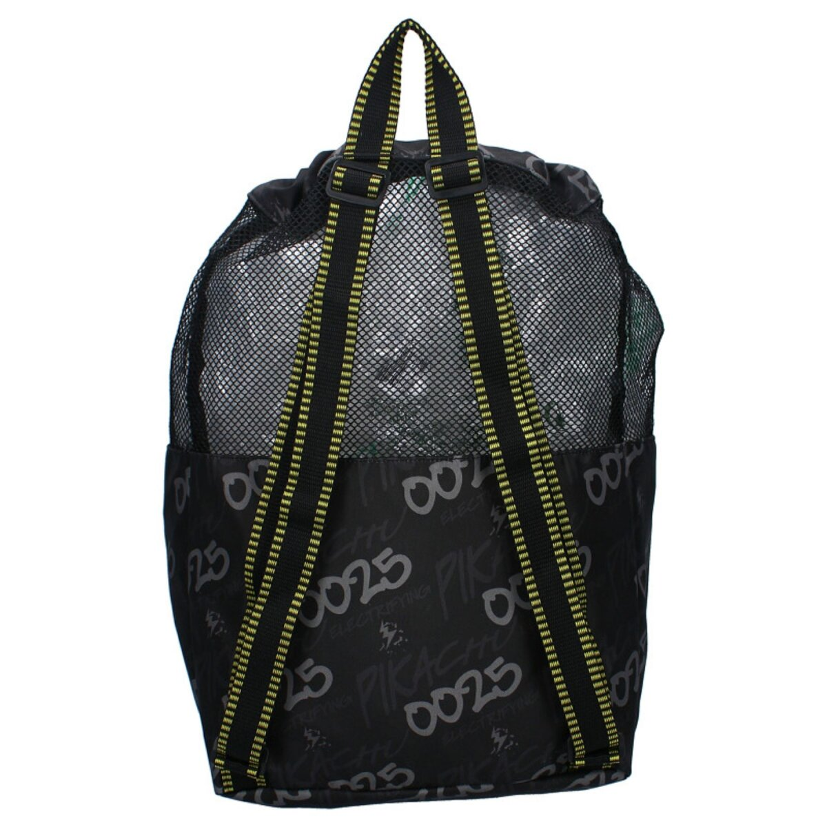 Schwarzer Kordelzug-Rucksack. Mit Pikachu, 0025 und anderen Grafiken. Gelbe Akzente.