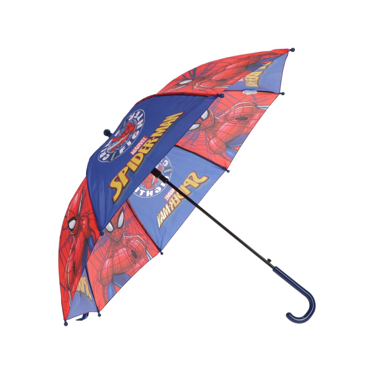 Spider-Man-Regenschirm, rot und blau. Der Regenschirm ist geöffnet. Der Griff ist gebogen.