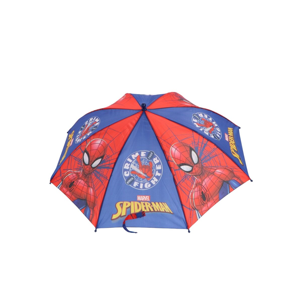 Spider-Man-Regenschirm, rot und blau. Der Regenschirm ist geöffnet und hat Spiderman-Logos. Weißer Hintergrund.