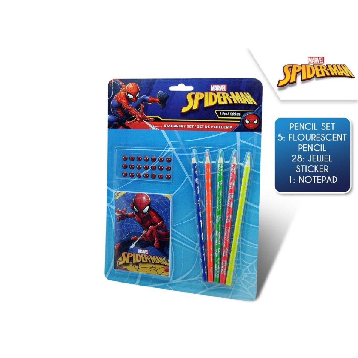 Spider-Man Stiftset. Enthält Stifte, Aufkleber und einen Notizblock, alle mit Spider-Man-Grafiken auf blauem Hintergrund.