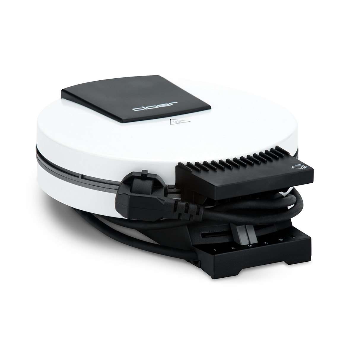 Biało-czarna gofrownica. Jest okrągła, z czarną pokrywą i czarnym uchwytem. Widoczny jest przewód zasilający.