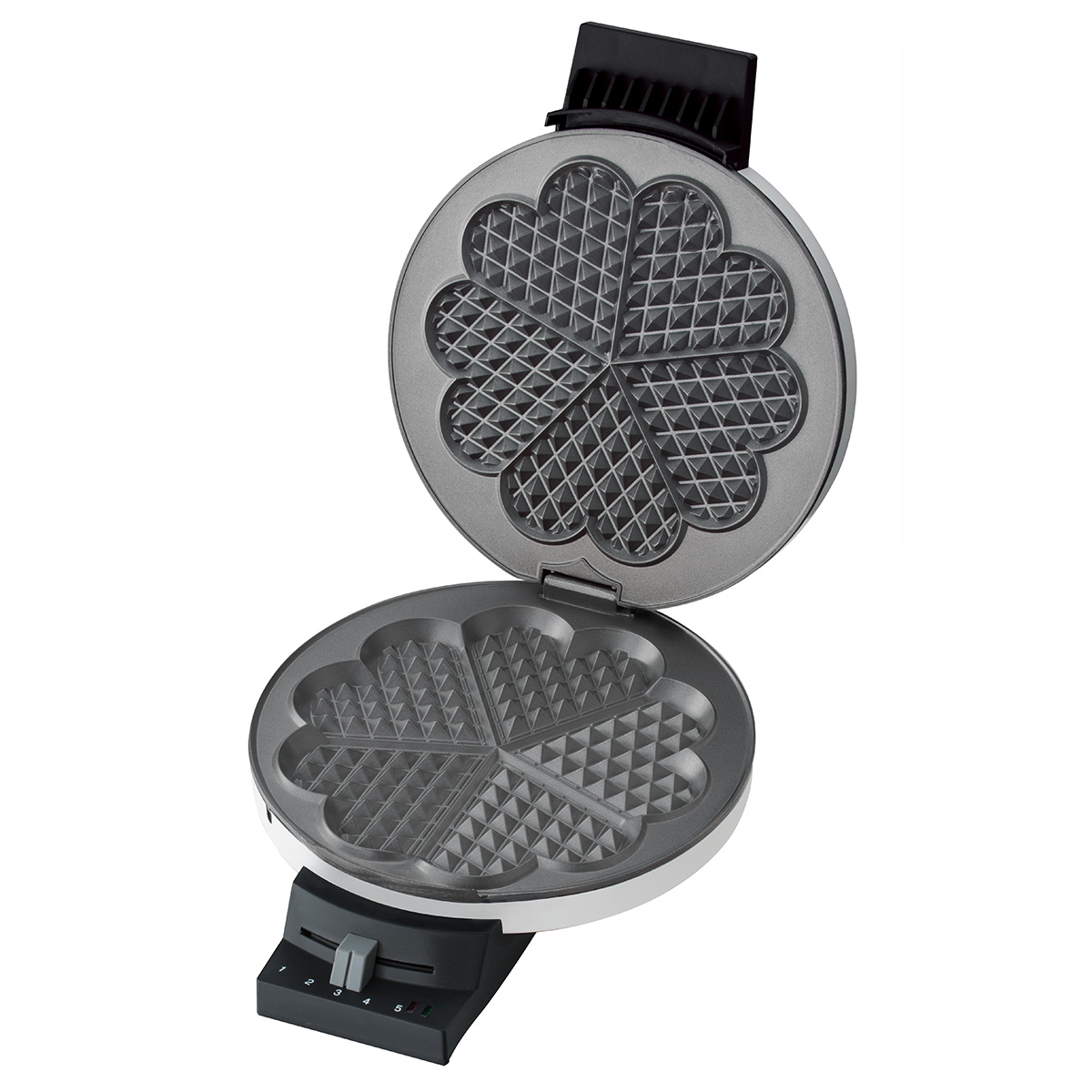 Otwarta gofrownica. Górna połowa jest otwarta, ukazując formy do gofrów w kształcie serca.