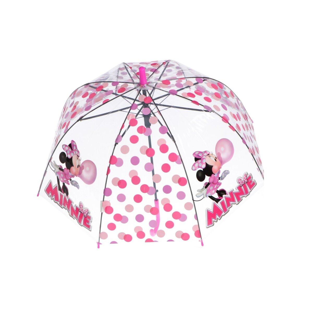 Minnie Mouse Regenschirm mit rosa Punkten auf weißem Hintergrund.