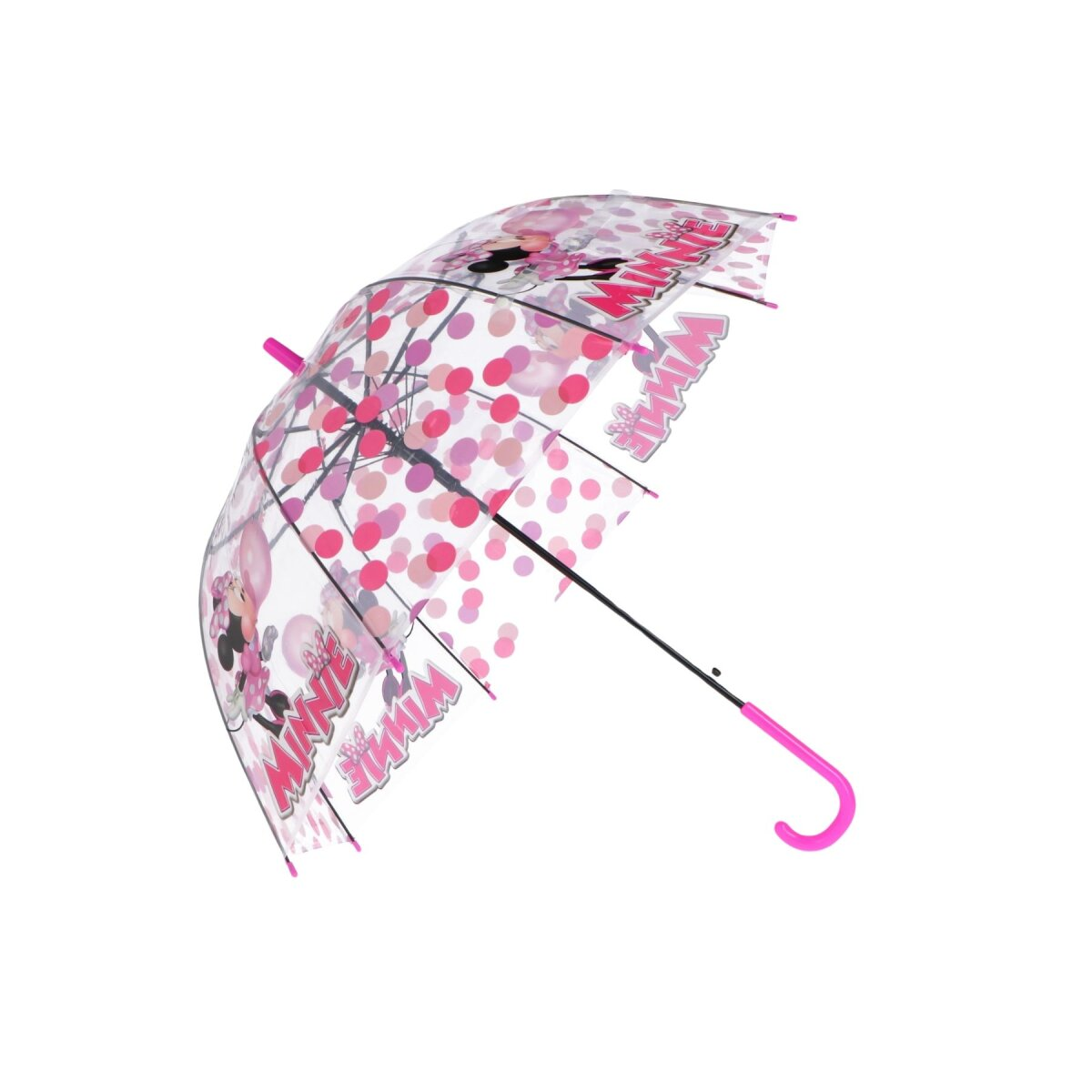 Ein transparenter Regenschirm mit rosa Tupfen und Minnie Mouse-Grafiken.
