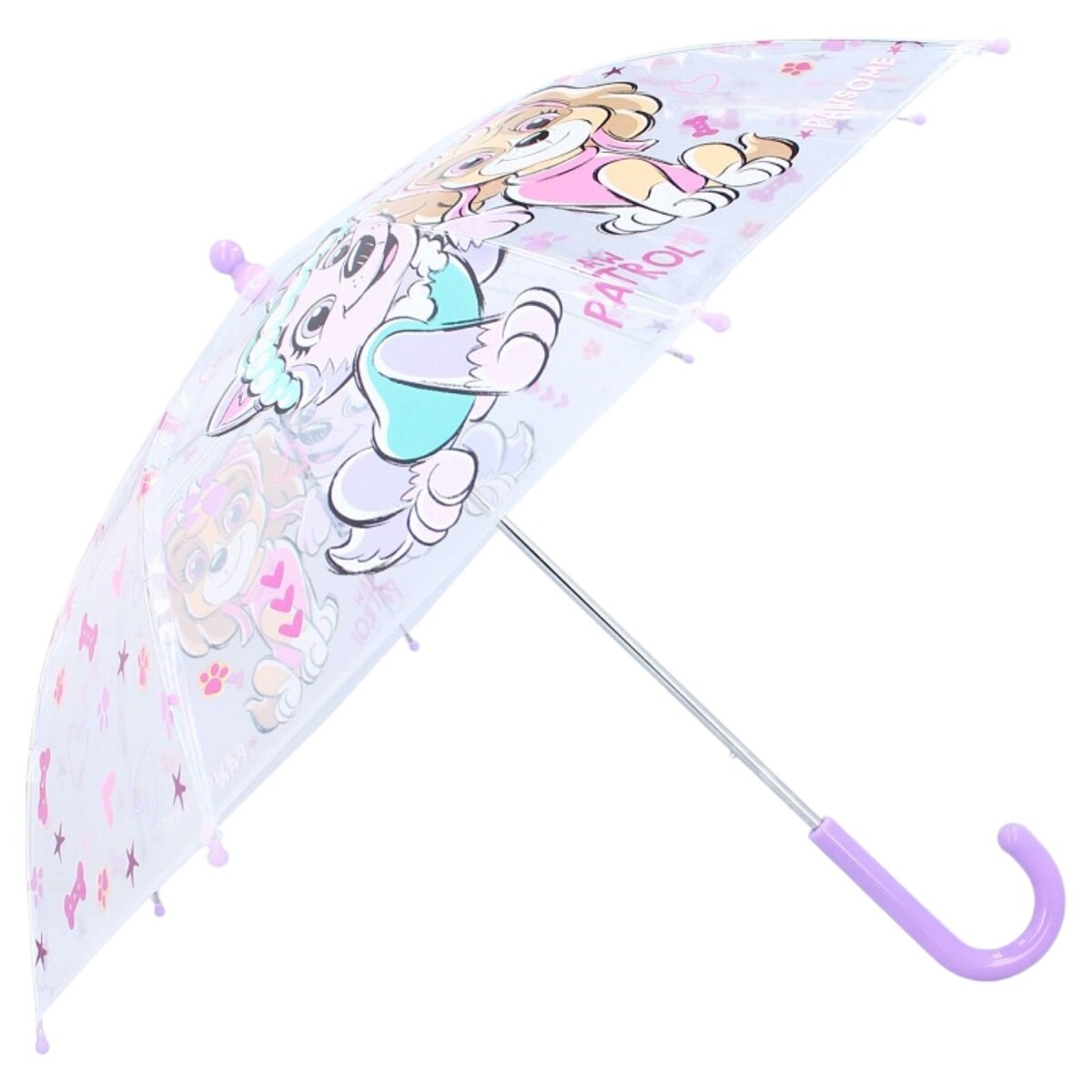 Transparenter Regenschirm mit Paw Patrol Charakteren. Der Schirm ist transparent mit rosa und lila Details.