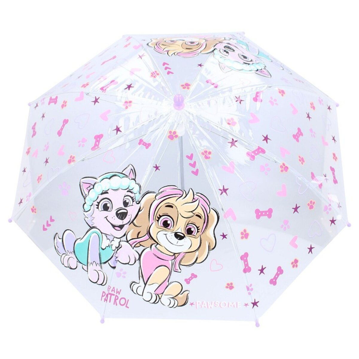 Ein Paw Patrol Regenschirm mit zwei Hundecharakteren und verschiedenen Dekorationen.