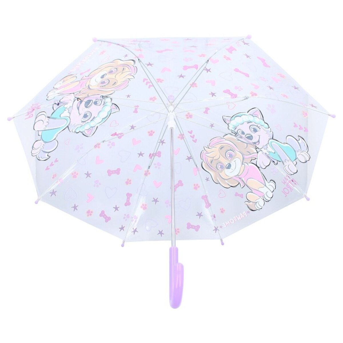 Transparenter Regenschirm mit Paw Patrol-Figuren, weißer Hintergrund.