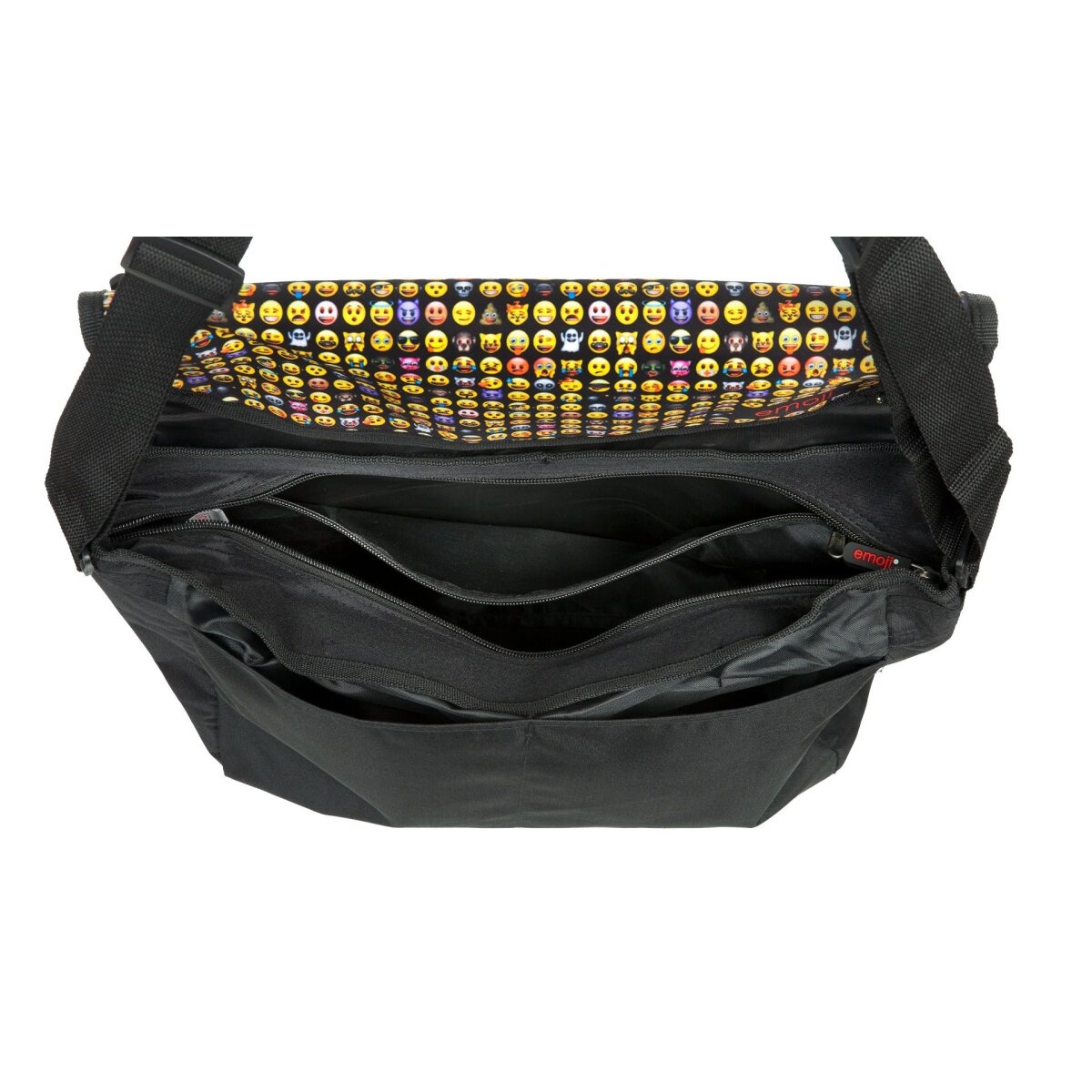 Schwarze Umhängetasche mit Emoji-Motiv, geöffnet, mit Innenfächern. Weißer Hintergrund.