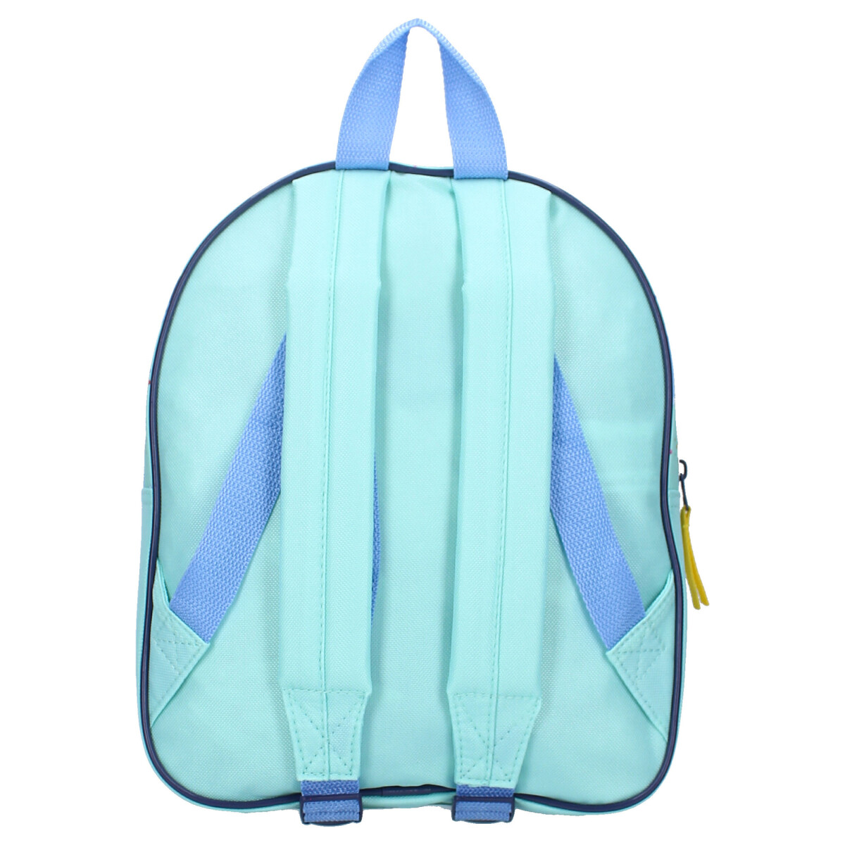 Ein hellblauer Rucksack mit zwei Schultergurten und einem oberen Griff. Enthält einen Reißverschluss.