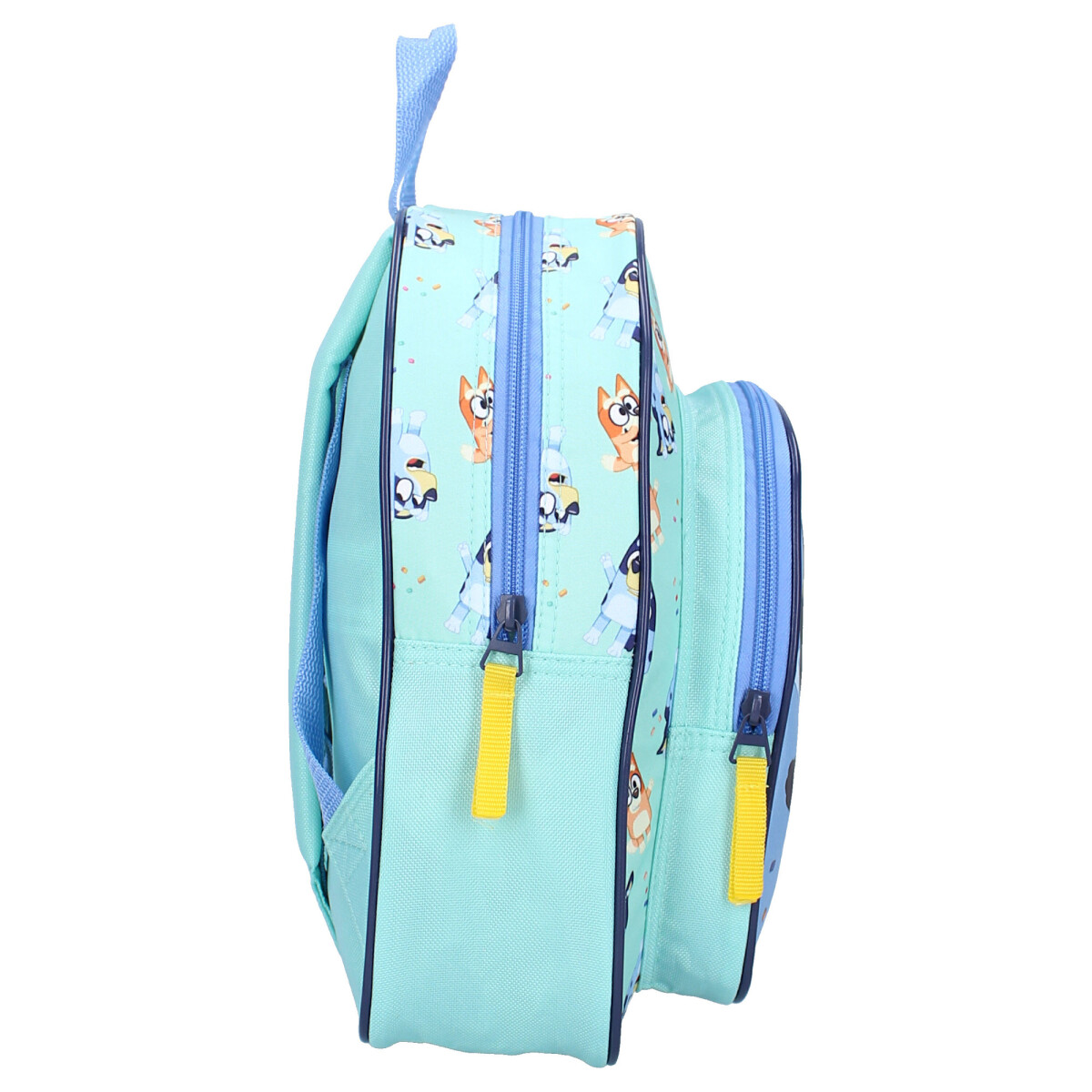 Bluey Rucksack. Türkis mit Bluey, Bingo und anderen Charakteren. Reißverschlüsse mit gelben Anhängern.