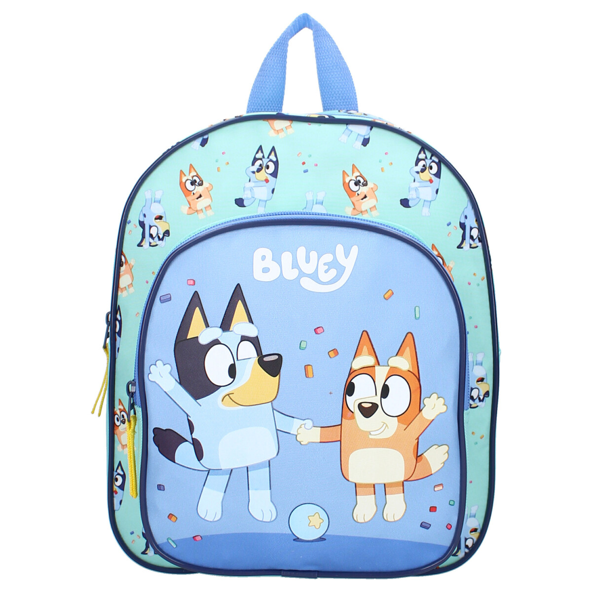 Bluey-Rucksack mit Zeichentrickfiguren. Zwei Hunde sind vorne, Bluey und Bingo, mit blauem Hintergrund.