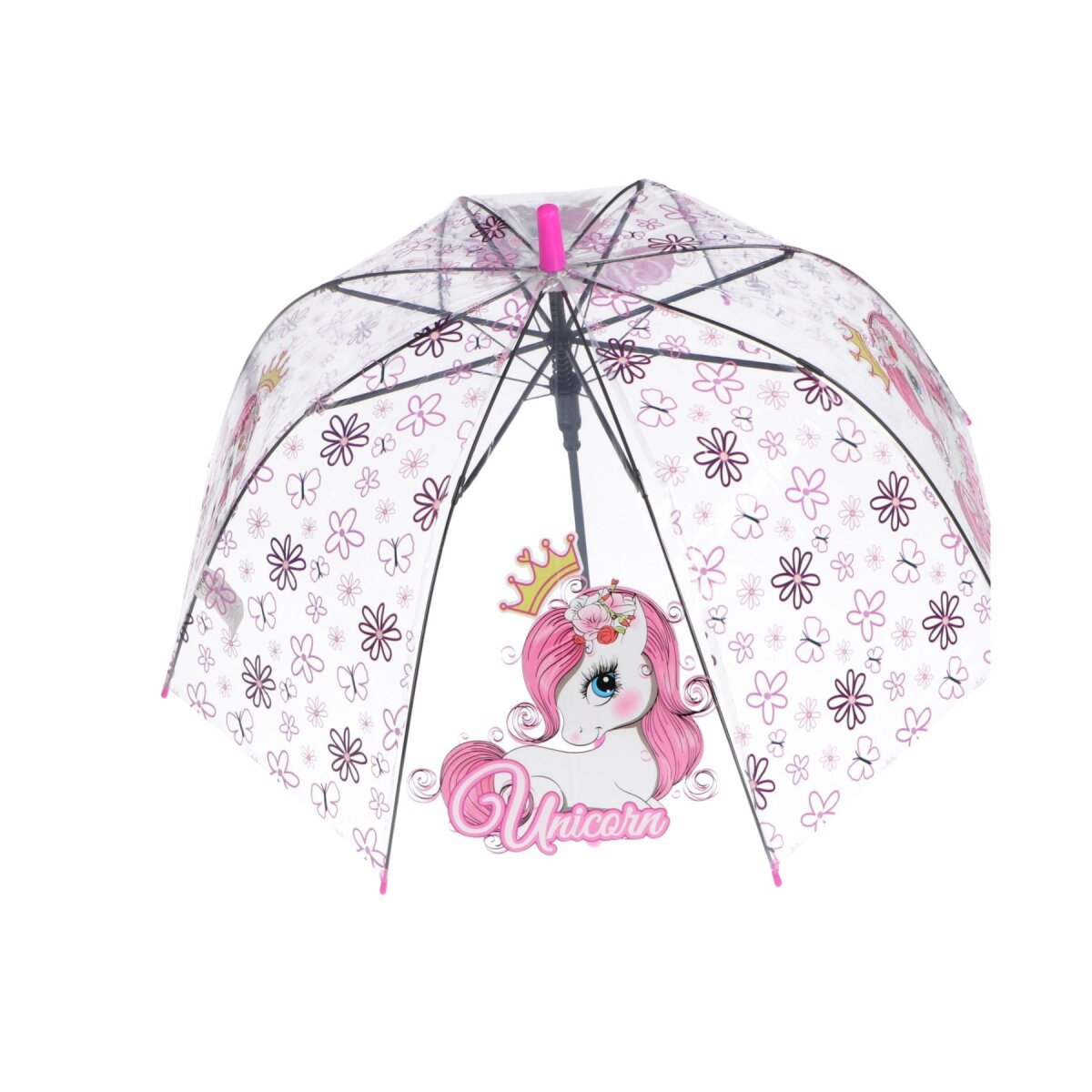 Transparenter Regenschirm mit Einhorn-Design und rosa Akzenten. Pinke Blumen und Schmetterlinge. Weißer Hintergrund.