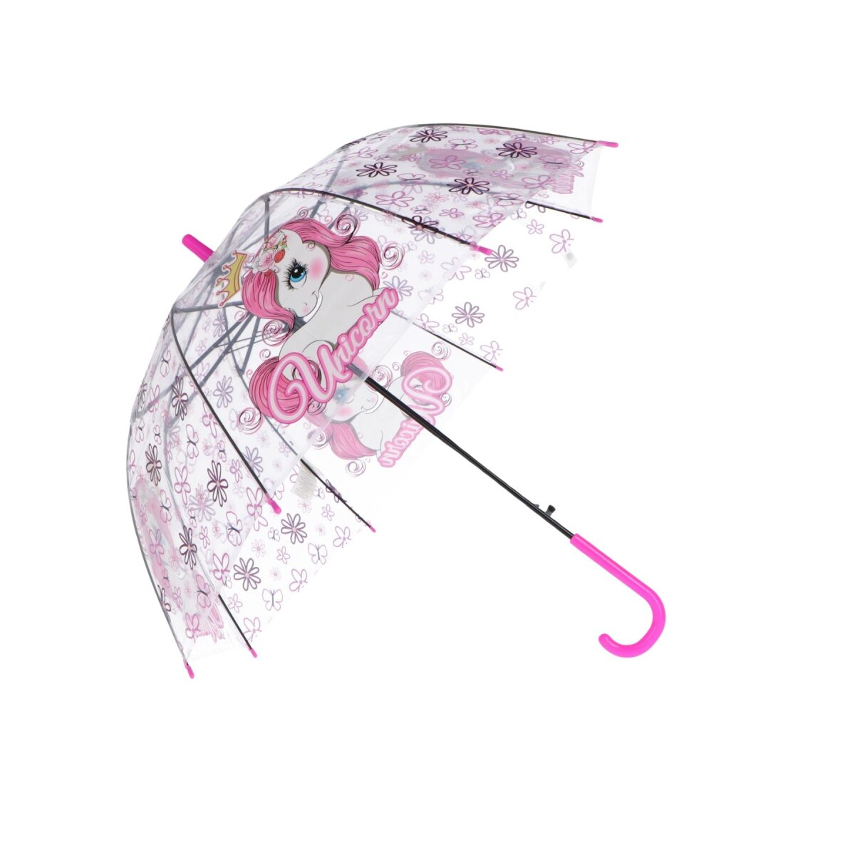 Transparenter Regenschirm mit Einhorn-Design. Rosa Griff und Akzente, weißer Hintergrund, transparentes Verdeck.