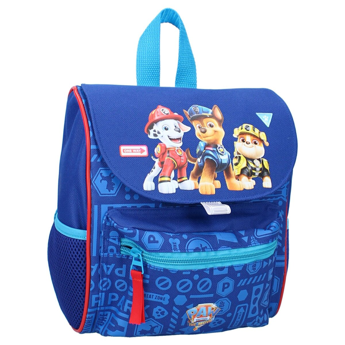 Blauer Paw Patrol-Rucksack. Mit Marshall, Chase und Rubble. Roter Reißverschluss und blauer Griff.