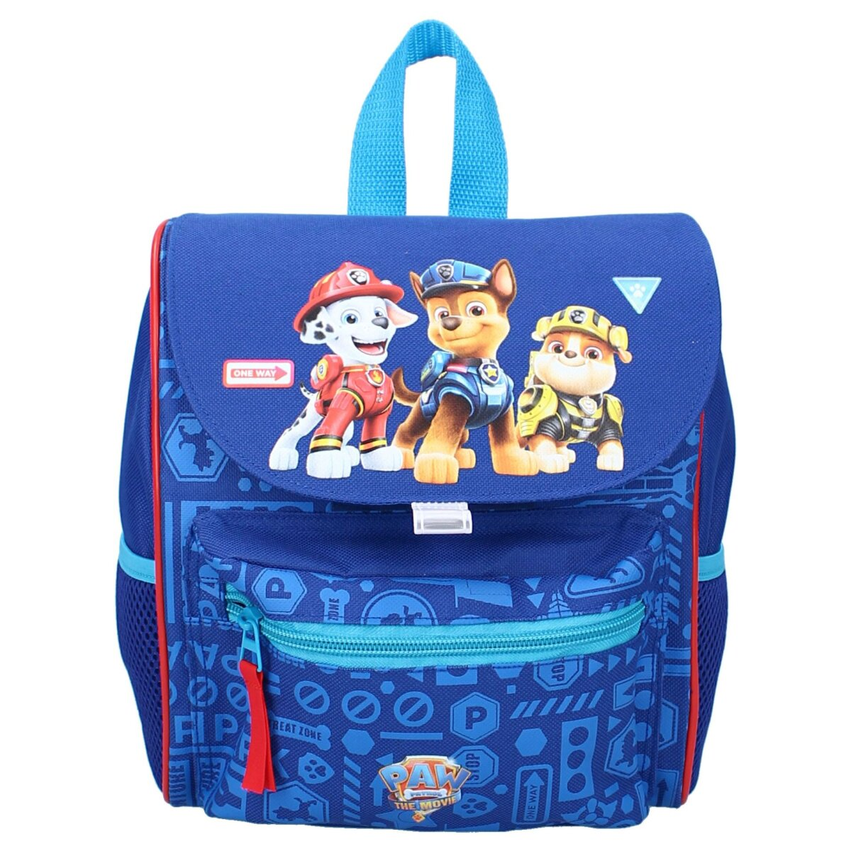 Blauer Paw Patrol Rucksack mit Figuren. Vordertasche und Griff.
