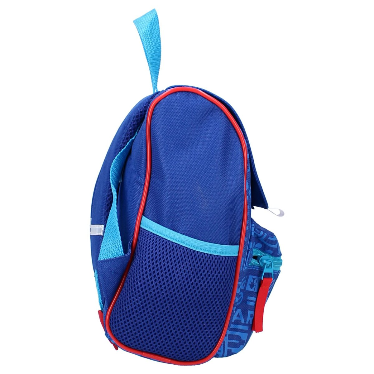 Blauer Rucksack mit roter Einfassung, einer Netztasche und einem Tragegriff.