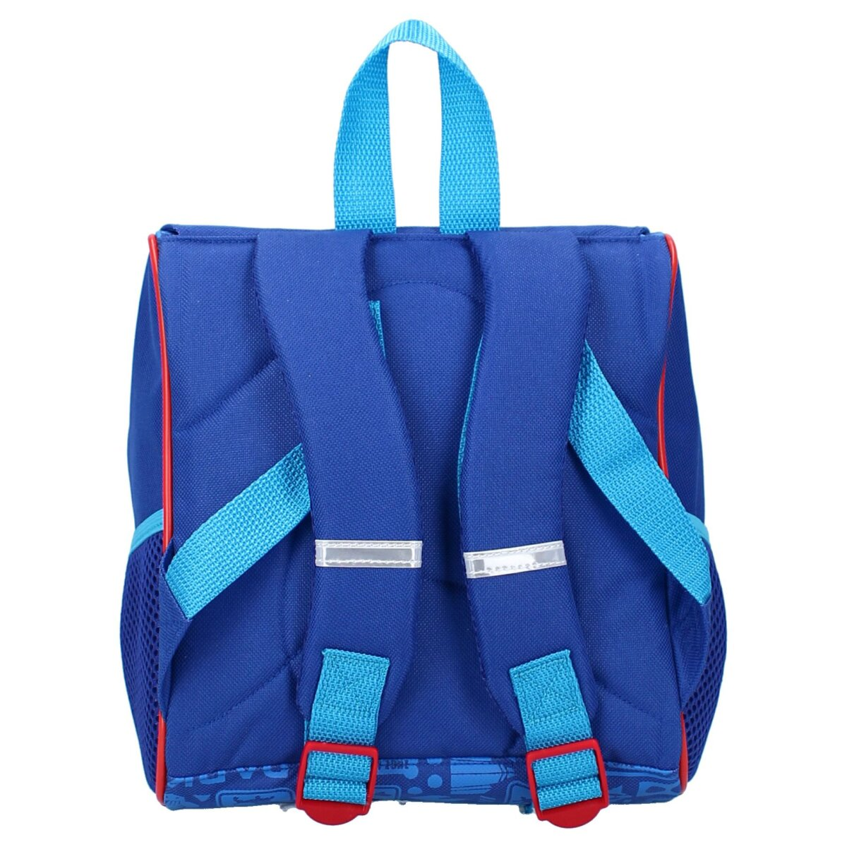 Blauer Rucksack mit roten und blauen Trägern. Die Rückseite des Rucksacks ist sichtbar.