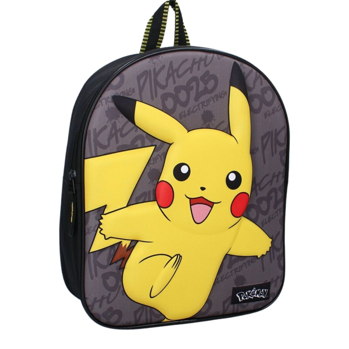 Schwarzer und grauer Pikachu-Rucksack mit Pikachu-Bild. Der Rucksack hat einen Reißverschluss.