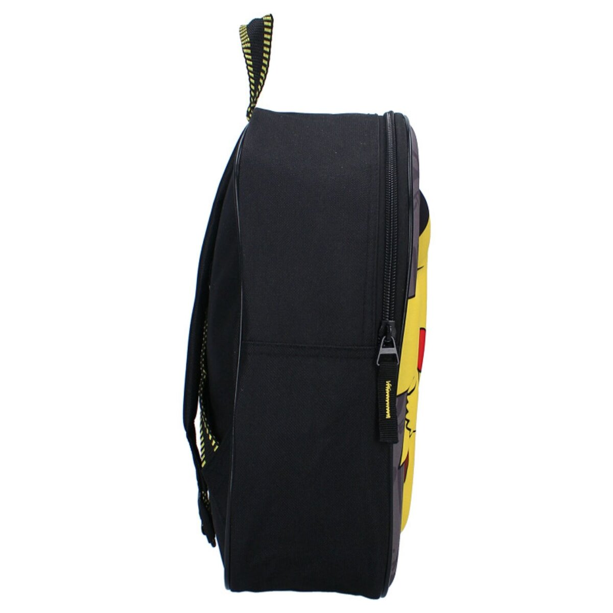 Ein schwarzer Rucksack mit gelbem Design auf der Vorderseite. Er hat einen oberen Griff und einen Reißverschluss. Der Hintergrund ist weiß.