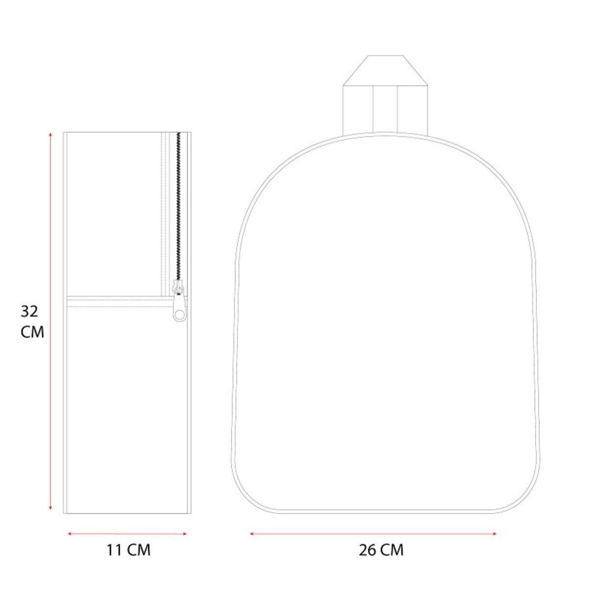 Zwei Strichzeichnungen einer Tasche. Eine ist ein rechteckiger Koffer. Die andere ist eine Rucksackform.