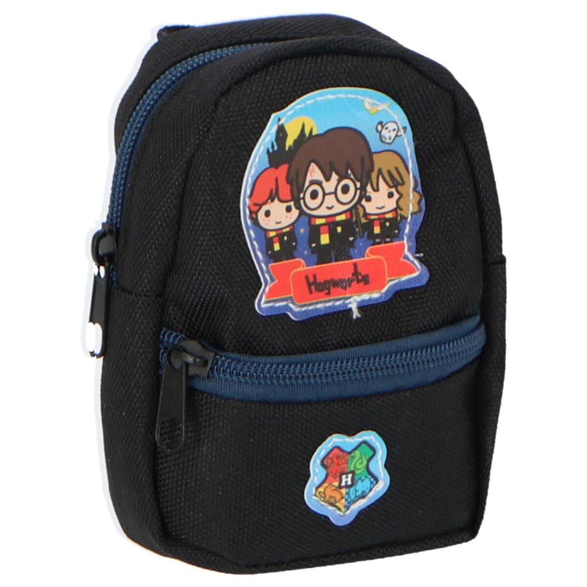 Schwarzer Mini-Rucksack mit Harry-Potter-Aufnäher und Reißverschluss. Enthält mehrere Aufnäher und einen Reißverschluss.