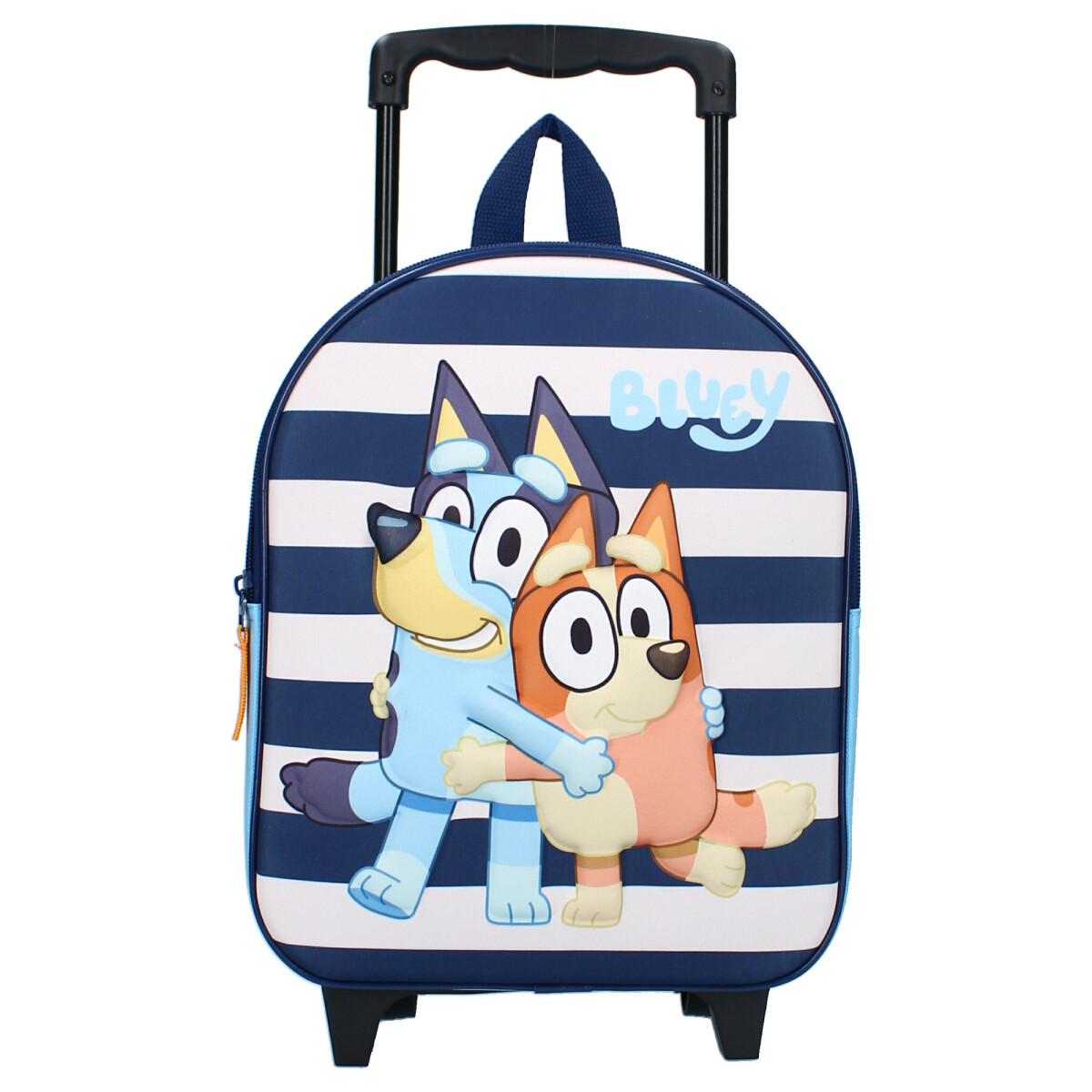 Bluey-Charakter-Koffer mit blau-weißen Streifen.