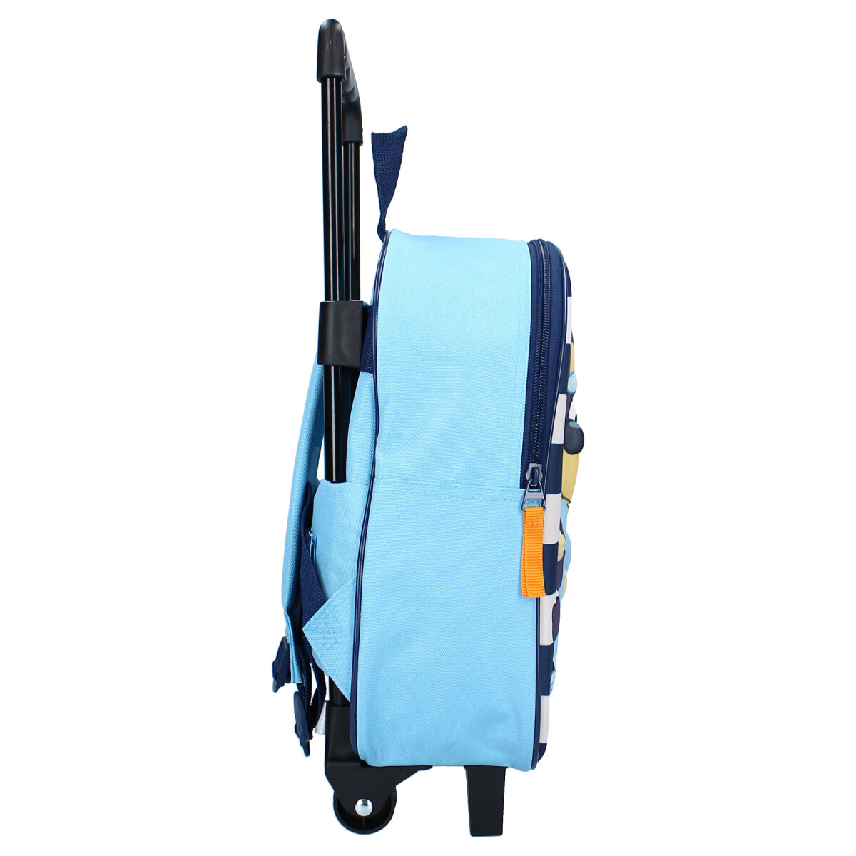 Ein hellblauer Rollrucksack mit Cartoon-Design. Er hat Räder und einen Griff zum Ziehen.