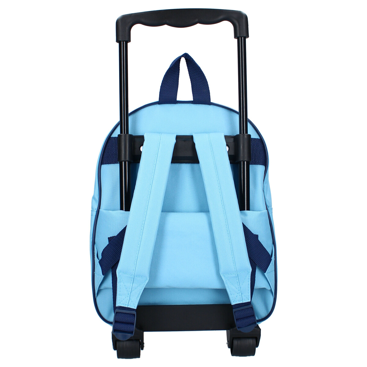 Hellblauer Rollrucksack, dunkelblaue Träger, schwarzer Griff und Räder, Rückansicht.