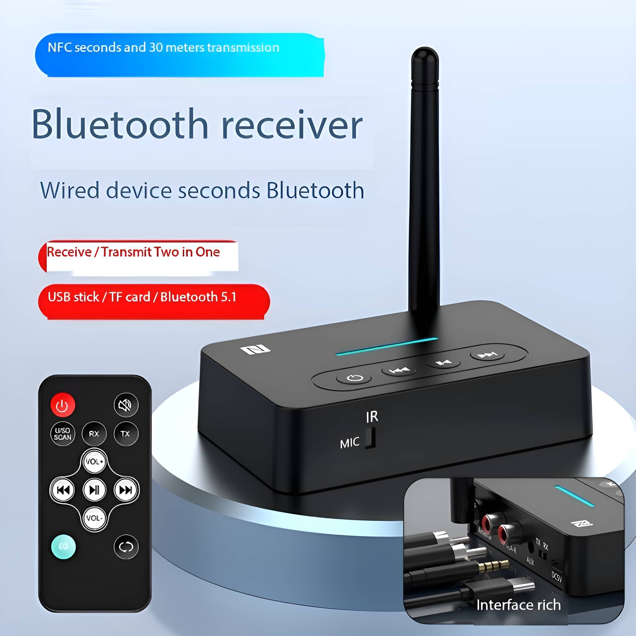 Bluetooth-Empfänger mit Tasten, Fernbedienung und USB-Stick/TF-Kartensteckplatz.