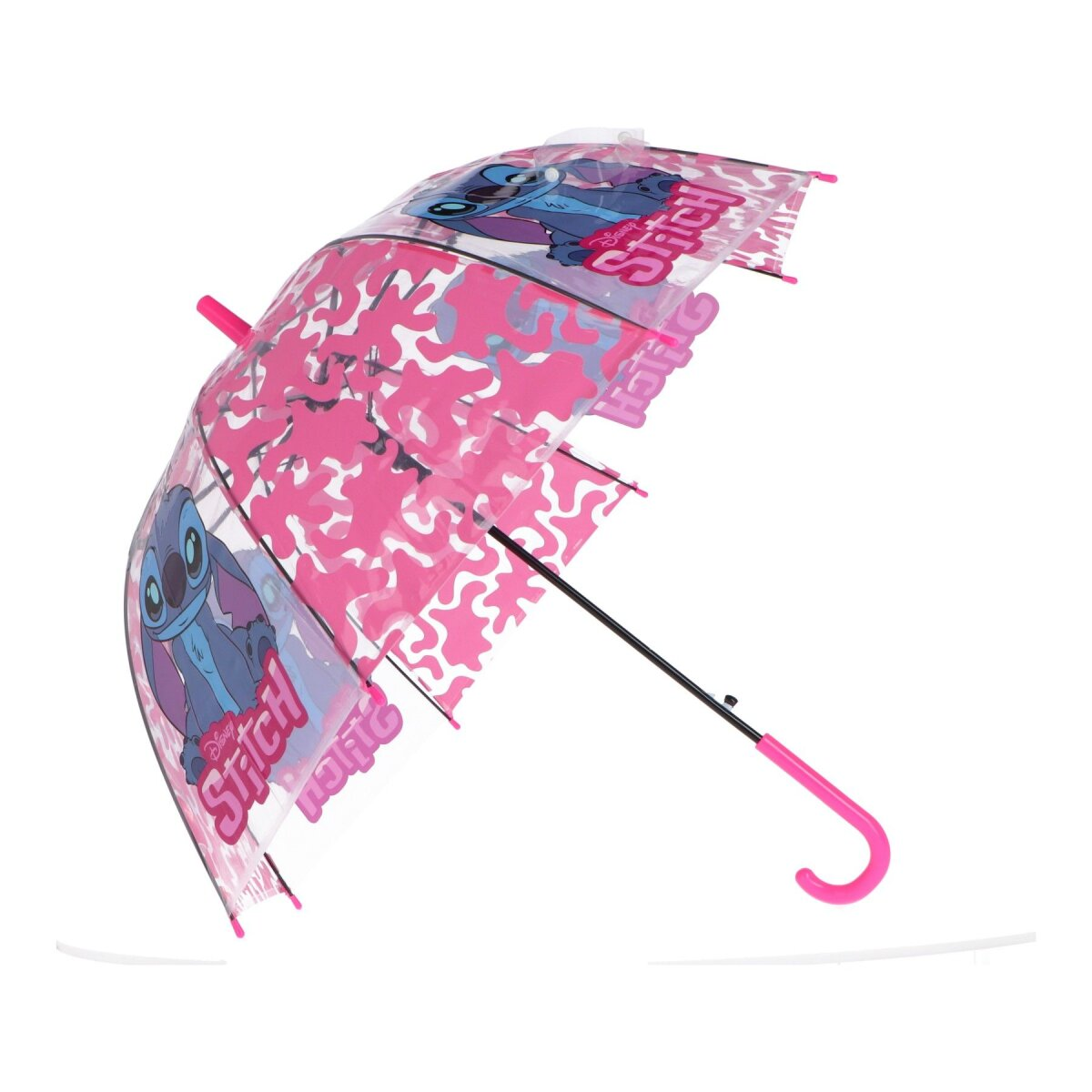 Offener, klarer Schirm mit Stitch-Zeichentrickfiguren. Rosa-weißes Design. Der Griff ist rosa.