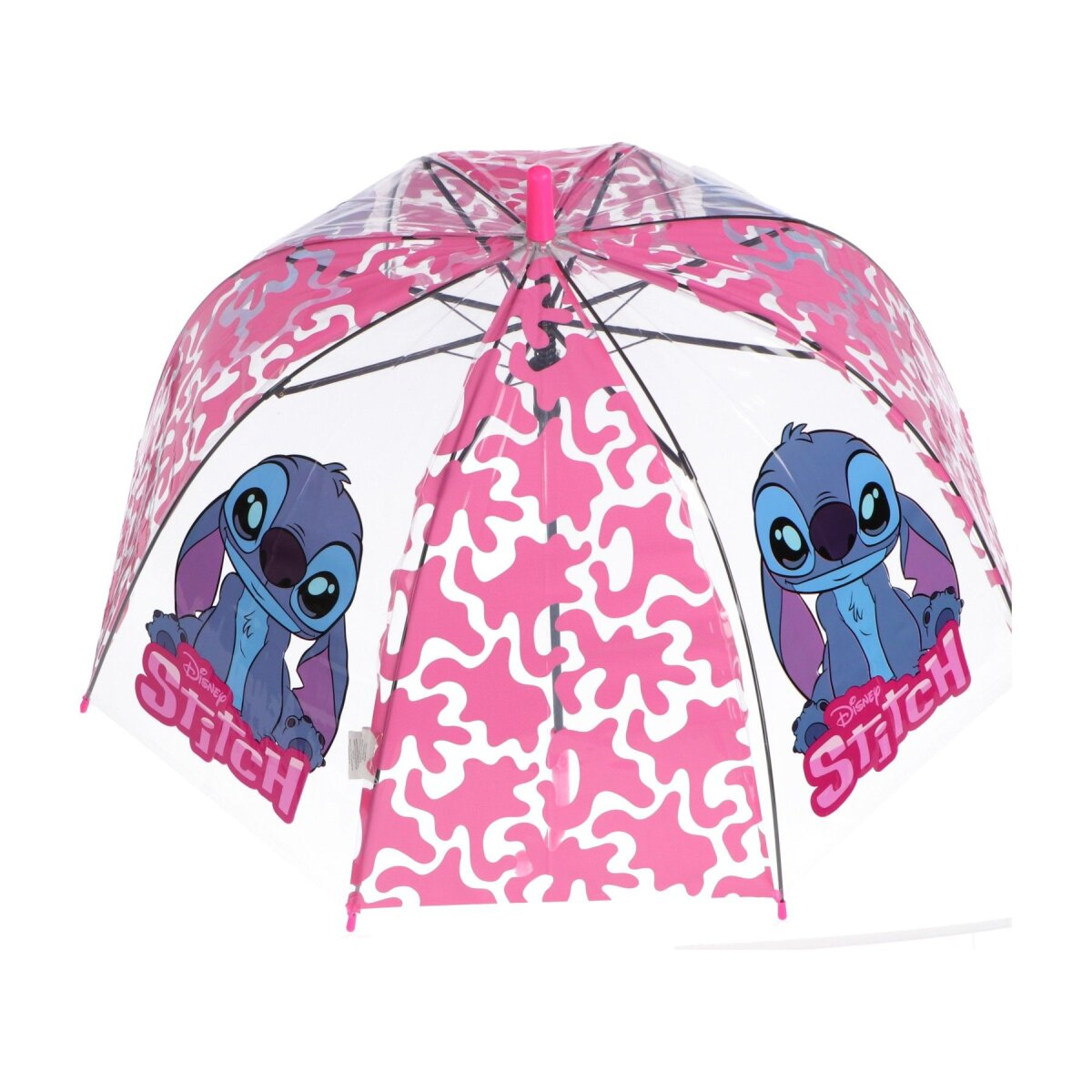Rosa und klarer Regenschirm mit Stitch-Cartoonfiguren. Rosa Muster oben.
