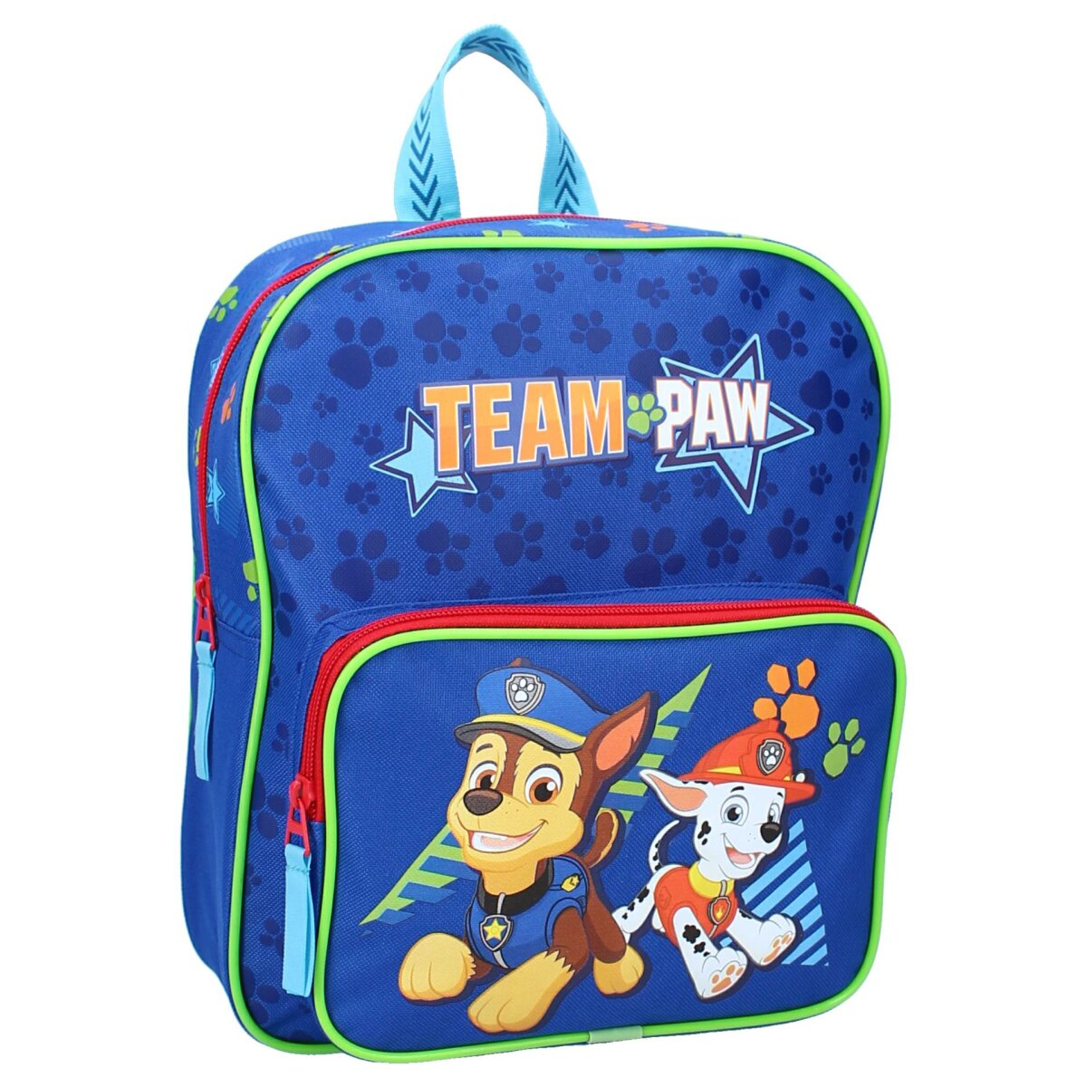Blauer Rucksack mit Team Paw-Logo. Enthält zwei Paw Patrol-Charaktere: Chase und Marshall.