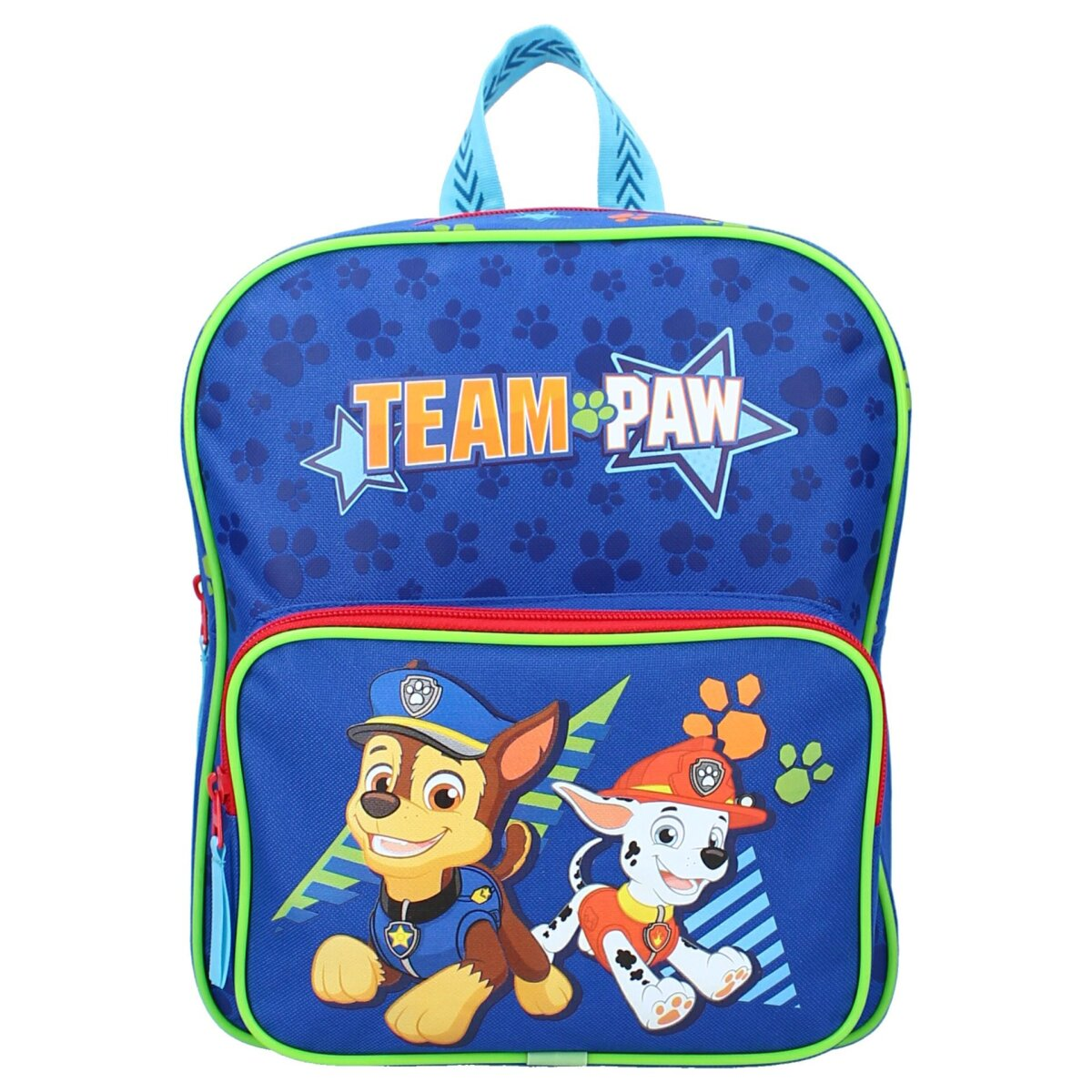 Blauer Paw Patrol Rucksack mit Chase- und Marshall-Figuren.