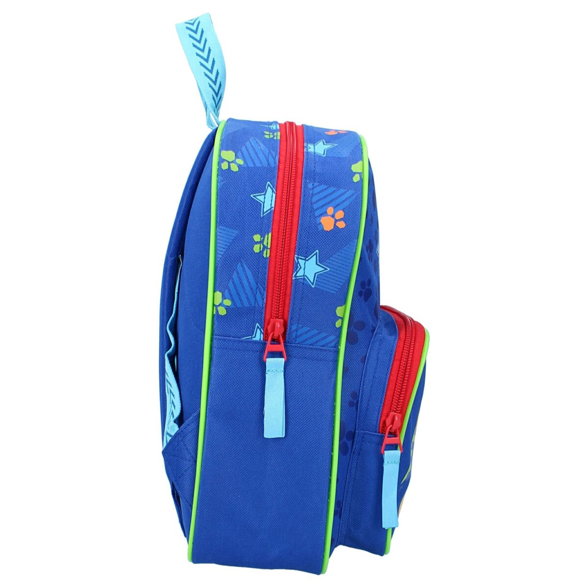 Blauer Rucksack mit roten Reißverschlüssen und grünen Zierleisten. Pfotenabdruck- und Sterndesign.