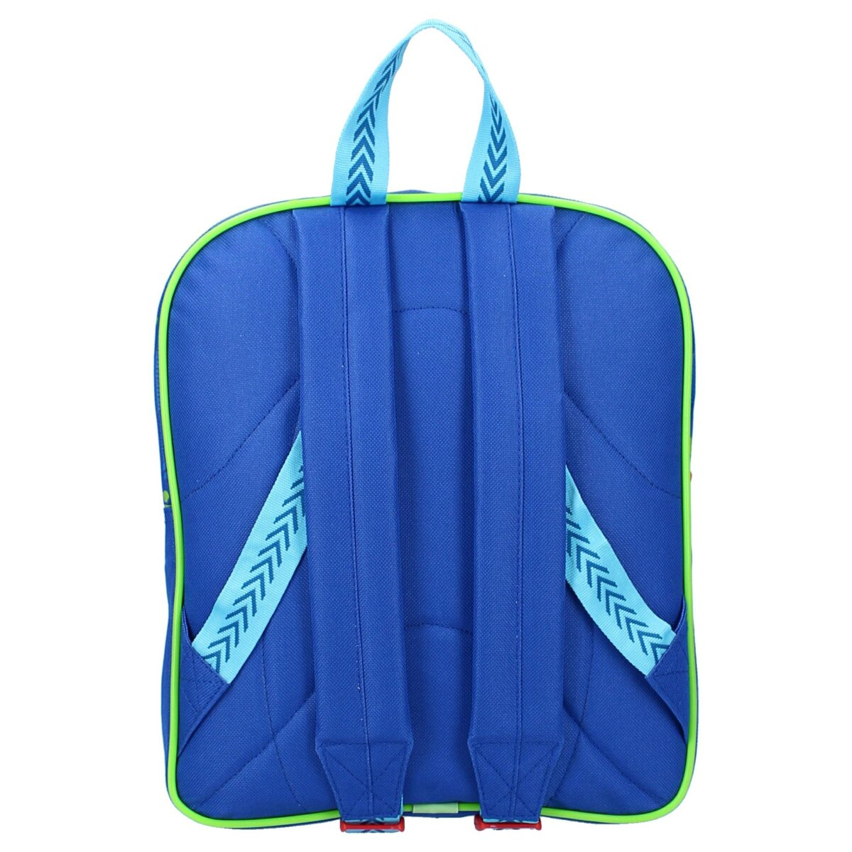 Blauer Rucksack mit grünen Zierleisten und Trägern. Zickzackmuster auf den Trägern. Weißer Hintergrund.