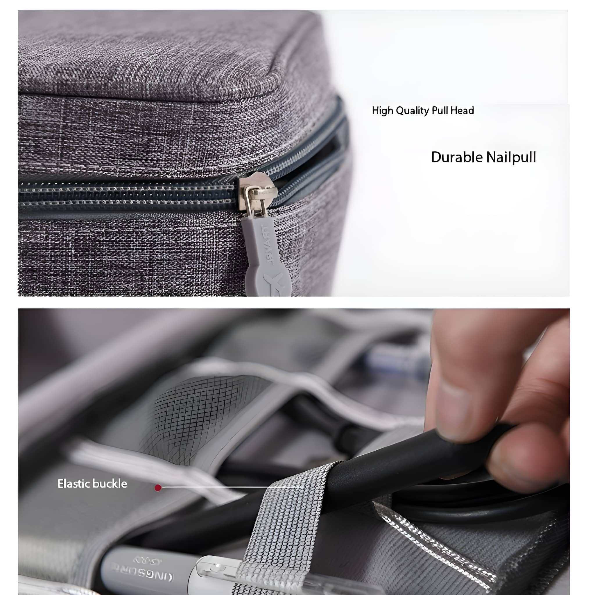 Nahaufnahme einer grauen Tasche mit Reißverschluss und einer Hand, die ein Kabel herauszieht.